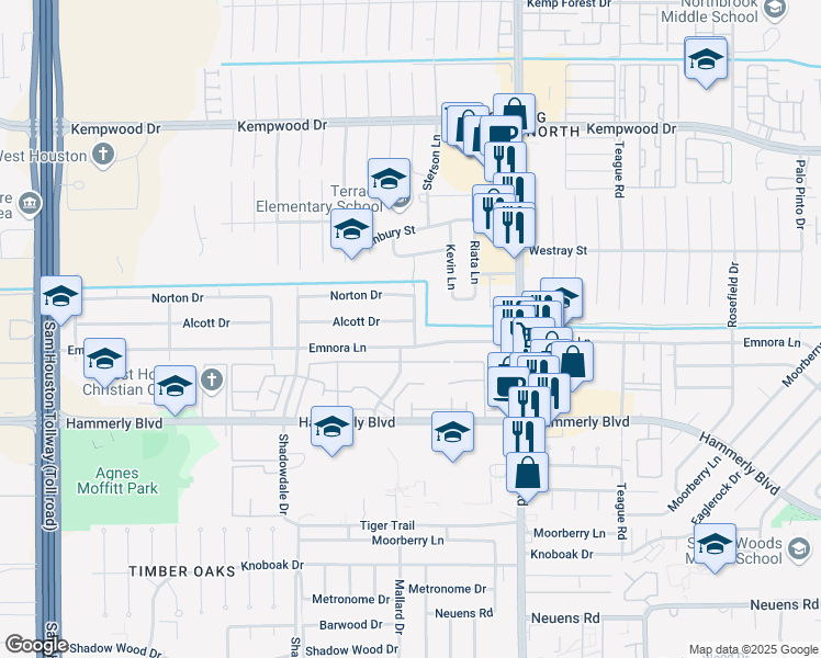 map of restaurants, bars, coffee shops, grocery stores, and more near 10410 Emnora Lane in Houston