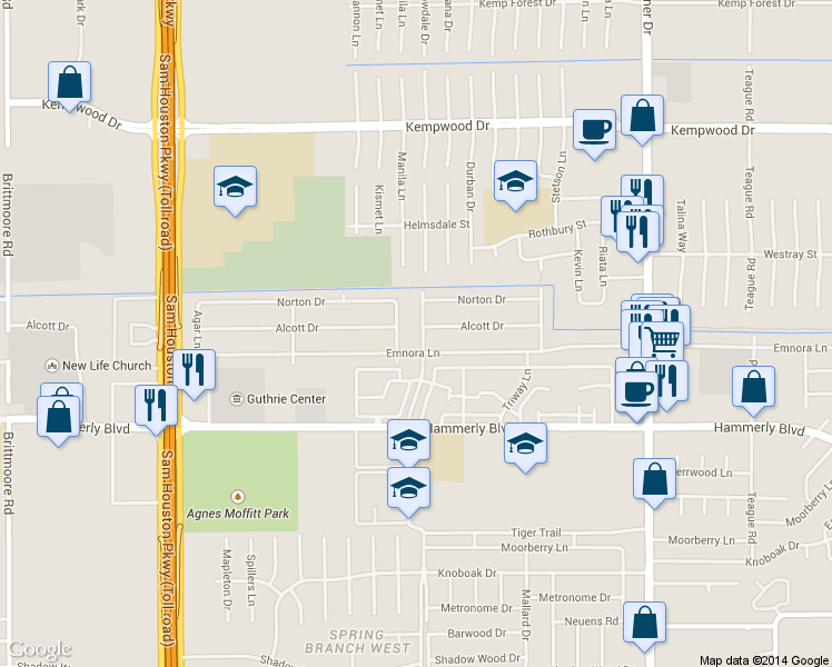 map of restaurants, bars, coffee shops, grocery stores, and more near 10510 Emnora Lane in Houston