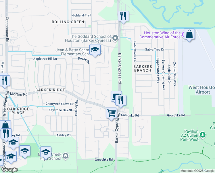 map of restaurants, bars, coffee shops, grocery stores, and more near 3242 Cabin Wood Way in Houston