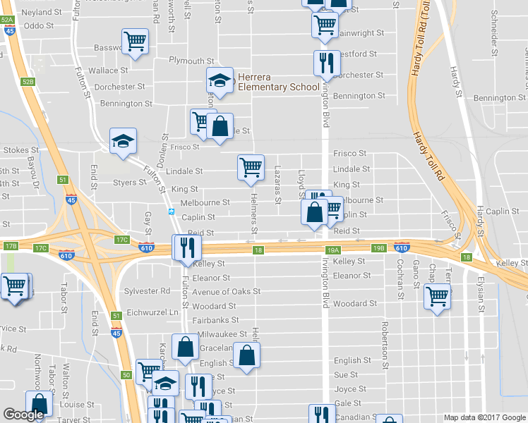 map of restaurants, bars, coffee shops, grocery stores, and more near 511 Caplin Street in Houston
