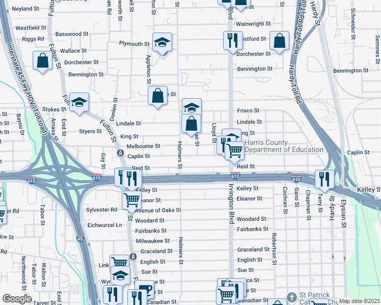 map of restaurants, bars, coffee shops, grocery stores, and more near 522 Caplin Street in Houston