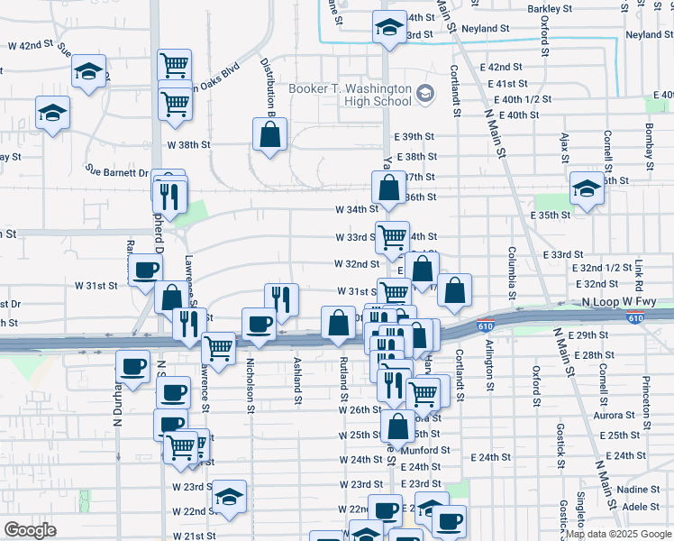 map of restaurants, bars, coffee shops, grocery stores, and more near 303 West 32nd Street in Houston
