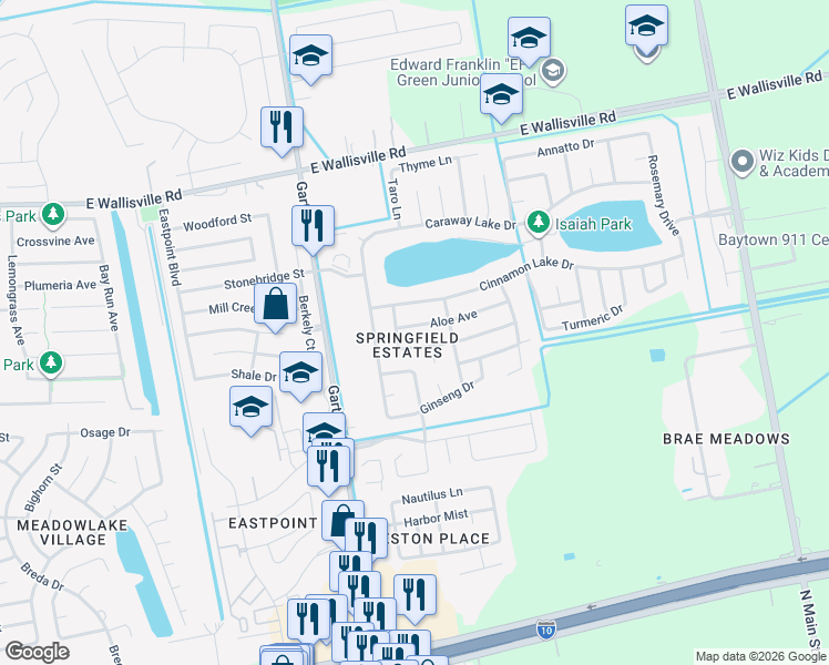 map of restaurants, bars, coffee shops, grocery stores, and more near 5314 Aloe Avenue in Baytown
