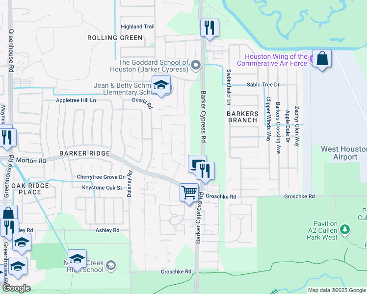 map of restaurants, bars, coffee shops, grocery stores, and more near 3242 Cabin Wood Way in Houston