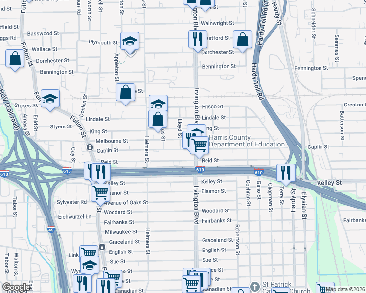 map of restaurants, bars, coffee shops, grocery stores, and more near 702 Caplin Street in Houston