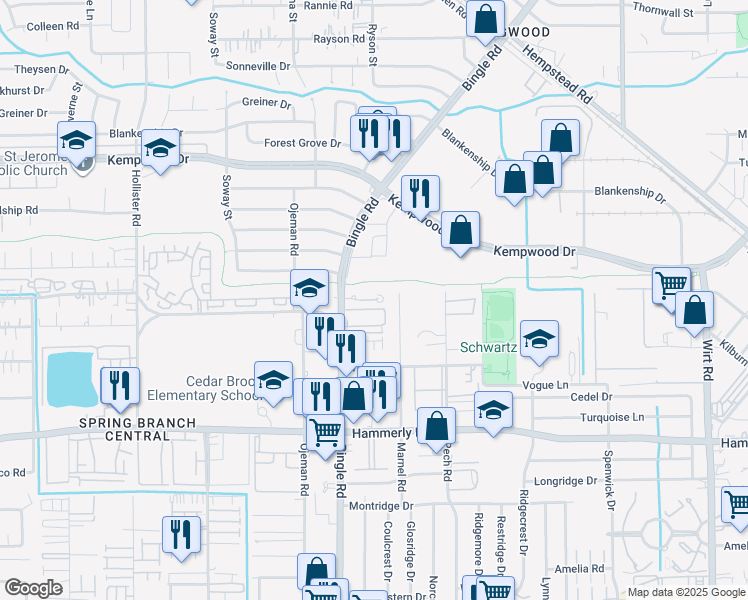 map of restaurants, bars, coffee shops, grocery stores, and more near 2308 Bingle Road in Houston