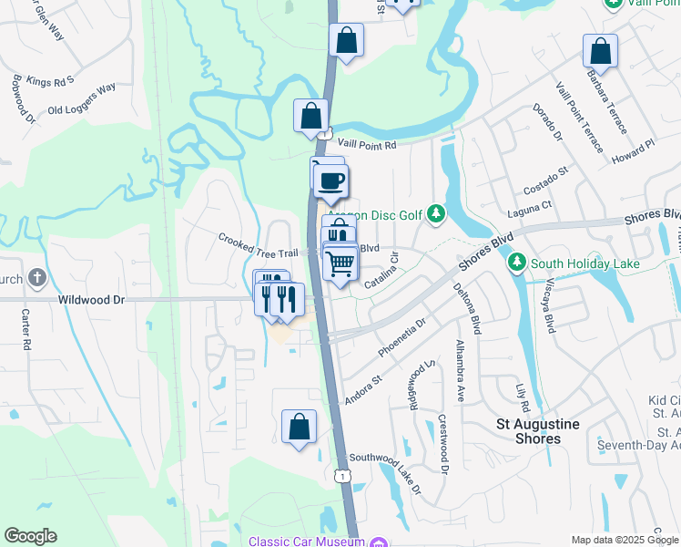 map of restaurants, bars, coffee shops, grocery stores, and more near 950 Santa Maria Boulevard in St. Augustine