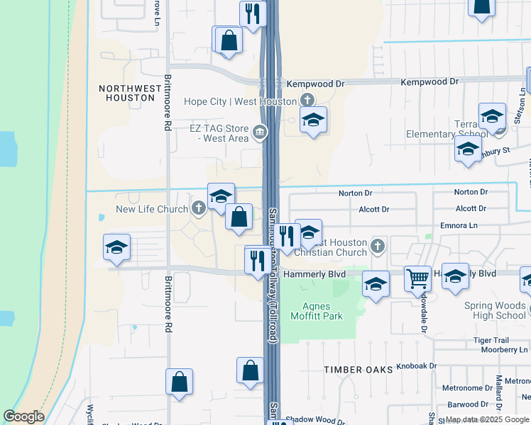 map of restaurants, bars, coffee shops, grocery stores, and more near 2470 West Sam Houston Parkway North in Houston