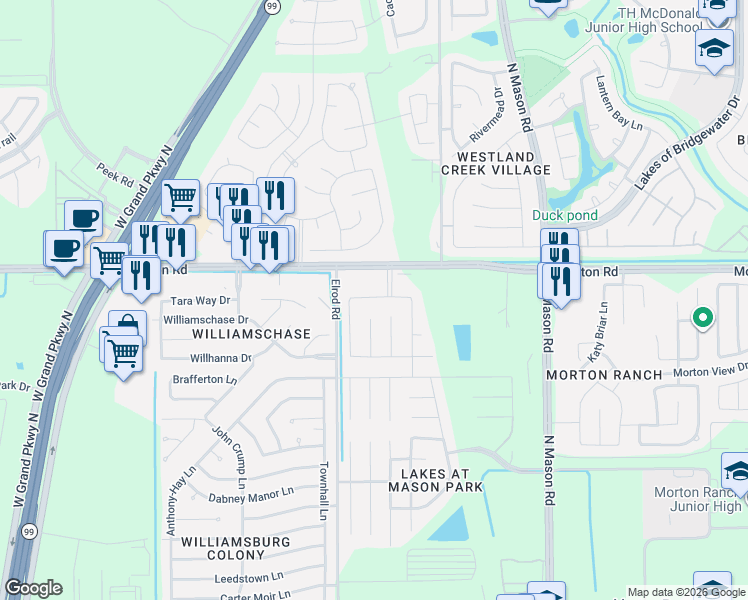 map of restaurants, bars, coffee shops, grocery stores, and more near 2815 Frost Gate Court in Katy