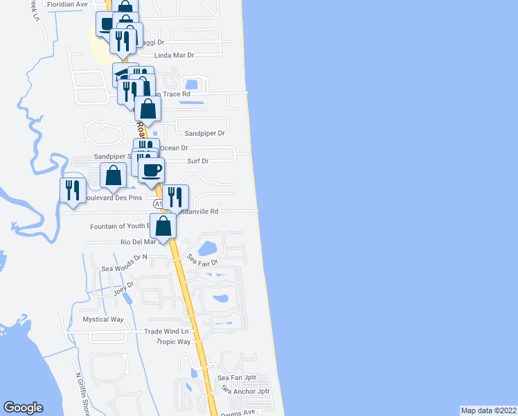 map of restaurants, bars, coffee shops, grocery stores, and more near 1 Dondanville Road in St. Augustine