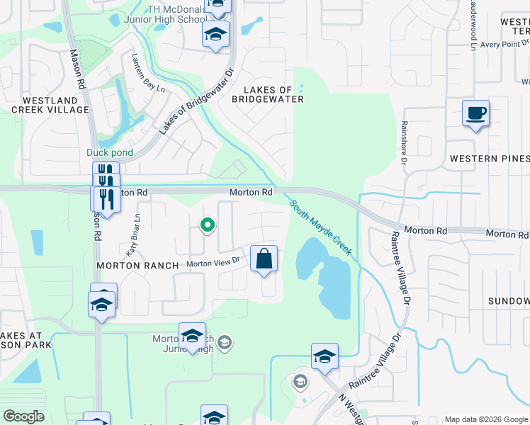 map of restaurants, bars, coffee shops, grocery stores, and more near 21303 Beacon Springs Lane in Katy
