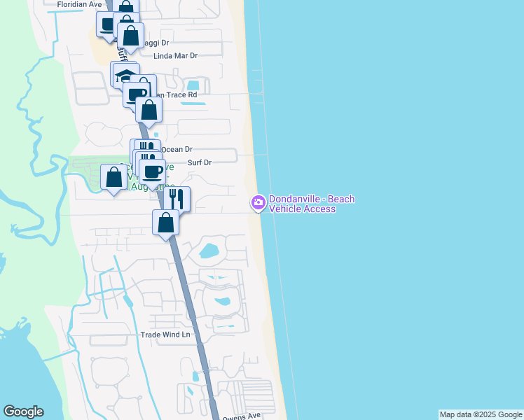 map of restaurants, bars, coffee shops, grocery stores, and more near 1 Dondanville Road in St. Augustine