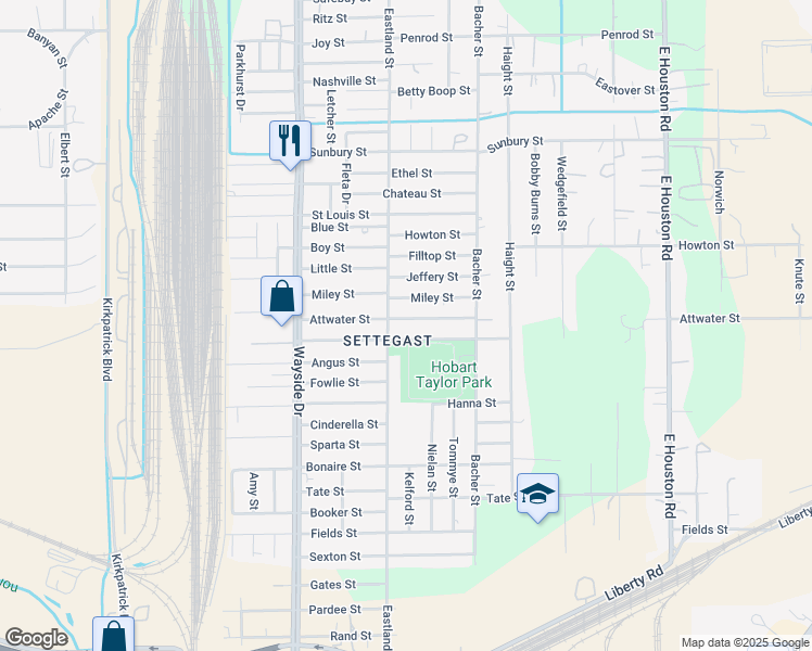 map of restaurants, bars, coffee shops, grocery stores, and more near 8033 Kenton Street in Houston