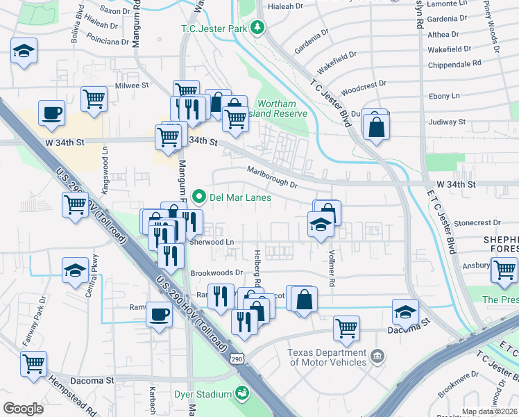 map of restaurants, bars, coffee shops, grocery stores, and more near 3003 Groven Street in Houston