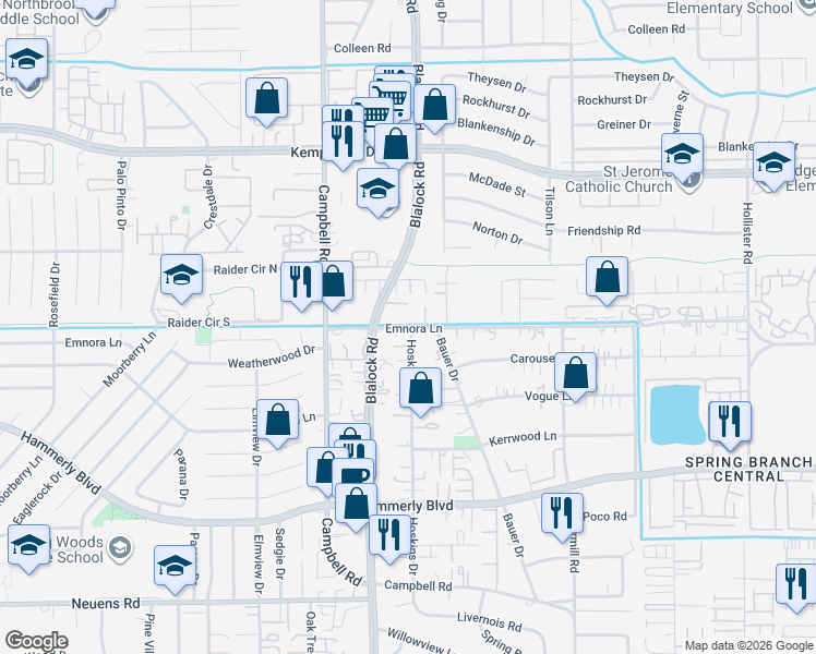 map of restaurants, bars, coffee shops, grocery stores, and more near in Houston