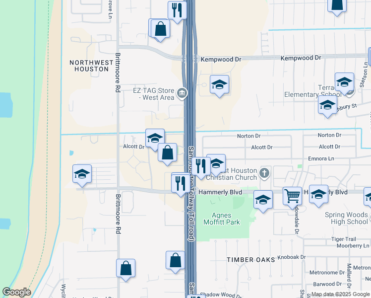 map of restaurants, bars, coffee shops, grocery stores, and more near 2470 West Sam Houston Parkway North in Houston