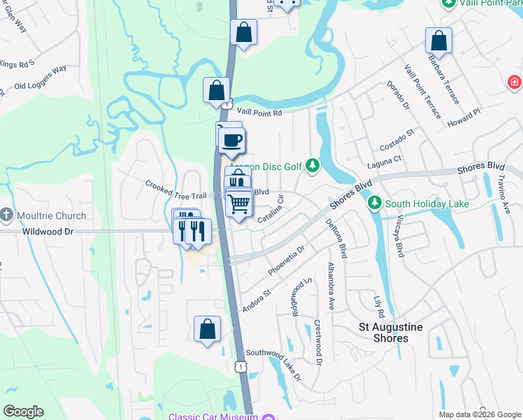 map of restaurants, bars, coffee shops, grocery stores, and more near 69 Angelo Lane in St. Augustine