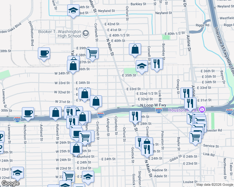 map of restaurants, bars, coffee shops, grocery stores, and more near 3210 Columbia Street in Houston