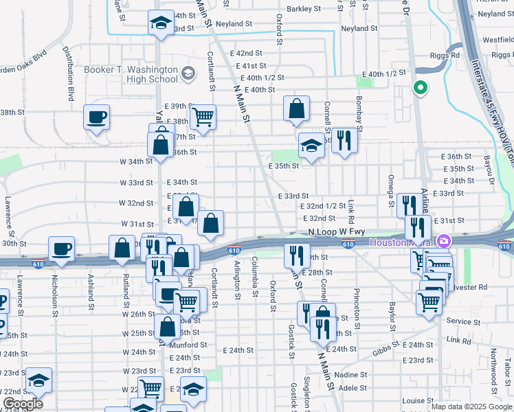 map of restaurants, bars, coffee shops, grocery stores, and more near 3210 Columbia Street in Houston
