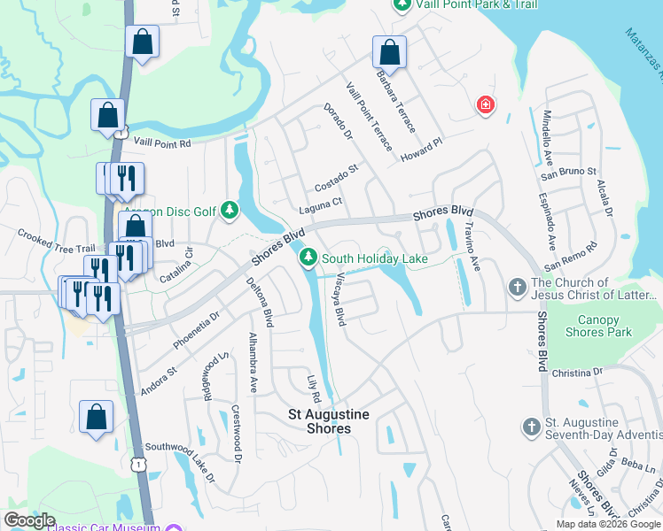 map of restaurants, bars, coffee shops, grocery stores, and more near 899 Viscaya Boulevard in St. Augustine