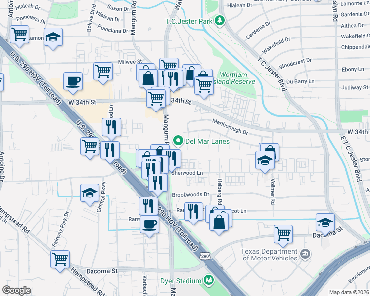 map of restaurants, bars, coffee shops, grocery stores, and more near 3003 Maple Grove Lane in Houston