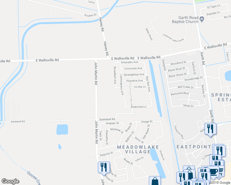 map of restaurants, bars, coffee shops, grocery stores, and more near 8114 Broadleaf Avenue in Baytown