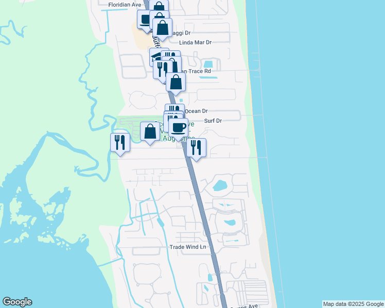 map of restaurants, bars, coffee shops, grocery stores, and more near 2 Fountain of Youth Boulevard in St. Augustine