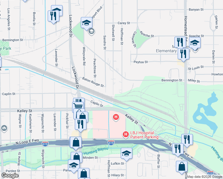 map of restaurants, bars, coffee shops, grocery stores, and more near 6108 Sandra Street in Houston