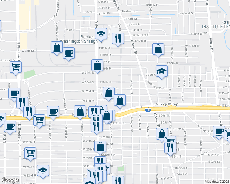 map of restaurants, bars, coffee shops, grocery stores, and more near 212 East 32nd Street in Houston