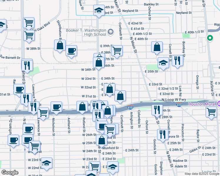 map of restaurants, bars, coffee shops, grocery stores, and more near 112 East 32nd Street in Houston
