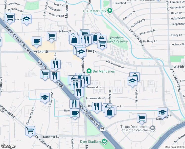 map of restaurants, bars, coffee shops, grocery stores, and more near 3003 Maple Grove Lane in Houston