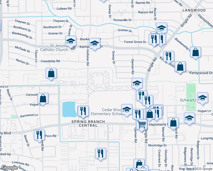 map of restaurants, bars, coffee shops, grocery stores, and more near 8676 Emnora Lane in Houston