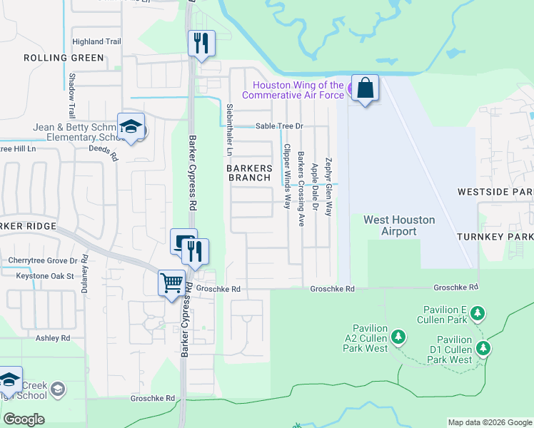 map of restaurants, bars, coffee shops, grocery stores, and more near 18207 Tangle Tree Lane in Houston