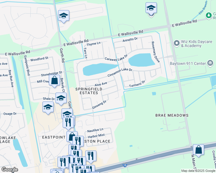 map of restaurants, bars, coffee shops, grocery stores, and more near 5443 Peppercorn Drive in Baytown