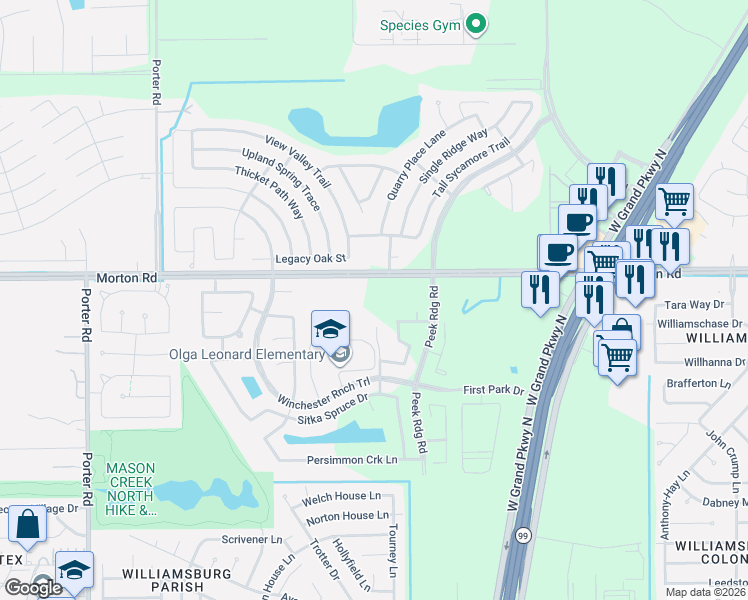 map of restaurants, bars, coffee shops, grocery stores, and more near 23407 Morton Road in Katy