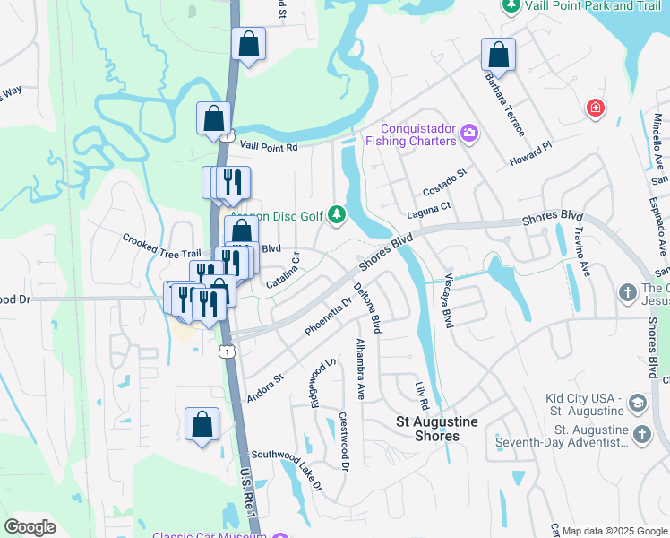map of restaurants, bars, coffee shops, grocery stores, and more near 145 Deltona Boulevard in Saint Augustine