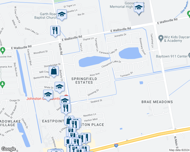 map of restaurants, bars, coffee shops, grocery stores, and more near 5402 Aloe Avenue in Baytown