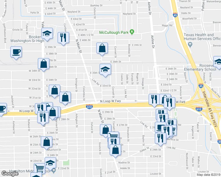 map of restaurants, bars, coffee shops, grocery stores, and more near 721 East 32nd 1/2 Street in Houston