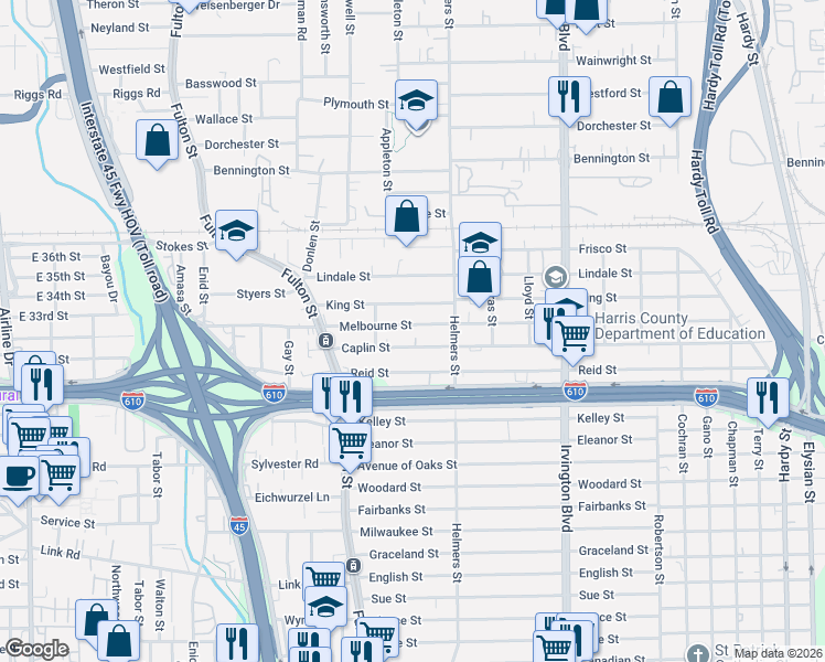 map of restaurants, bars, coffee shops, grocery stores, and more near 416 Caplin Street in Houston
