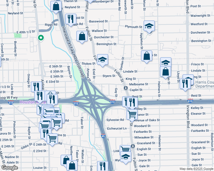 map of restaurants, bars, coffee shops, grocery stores, and more near 6214 Kirkwood Street in Houston