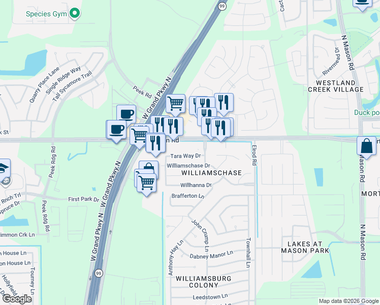map of restaurants, bars, coffee shops, grocery stores, and more near 22711 Tara Way Drive in Katy