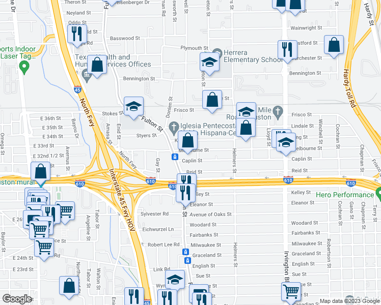 map of restaurants, bars, coffee shops, grocery stores, and more near 208 Melbourne Street in Houston