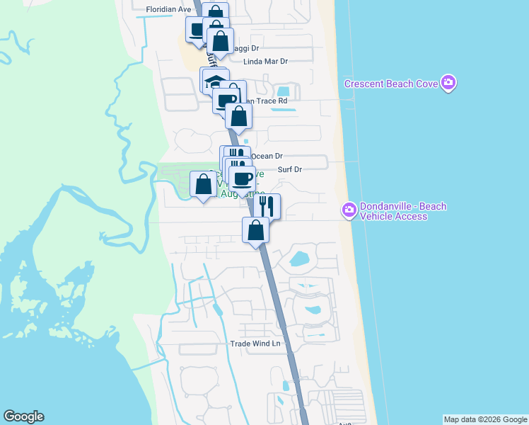 map of restaurants, bars, coffee shops, grocery stores, and more near 2 Fountain of Youth Boulevard in St. Augustine