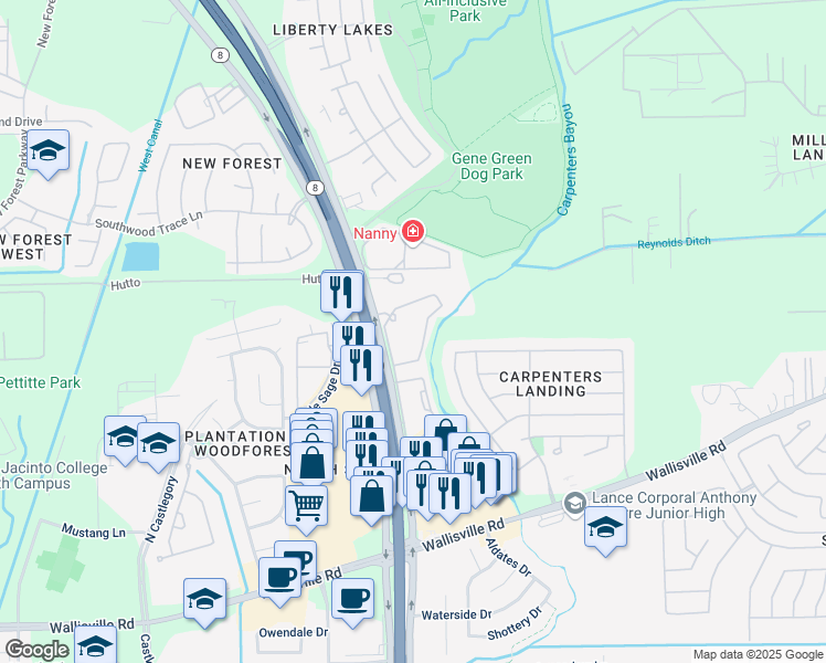 map of restaurants, bars, coffee shops, grocery stores, and more near 6160 East Sam Houston Parkway North in Houston