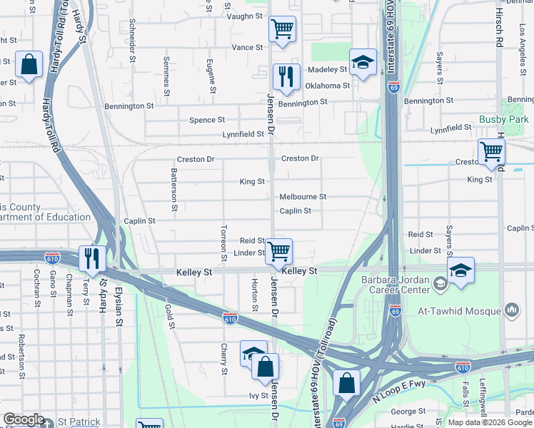 map of restaurants, bars, coffee shops, grocery stores, and more near 6113 Jensen Drive in Houston