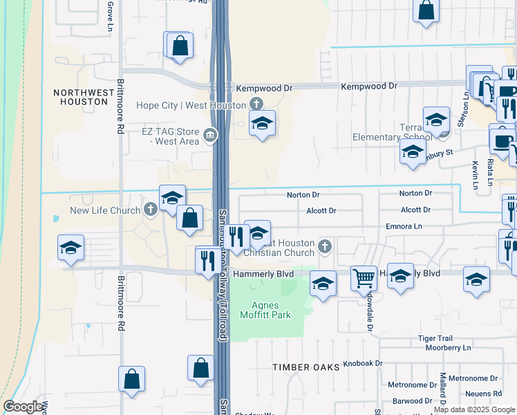map of restaurants, bars, coffee shops, grocery stores, and more near 10663 Alcott Drive in Houston