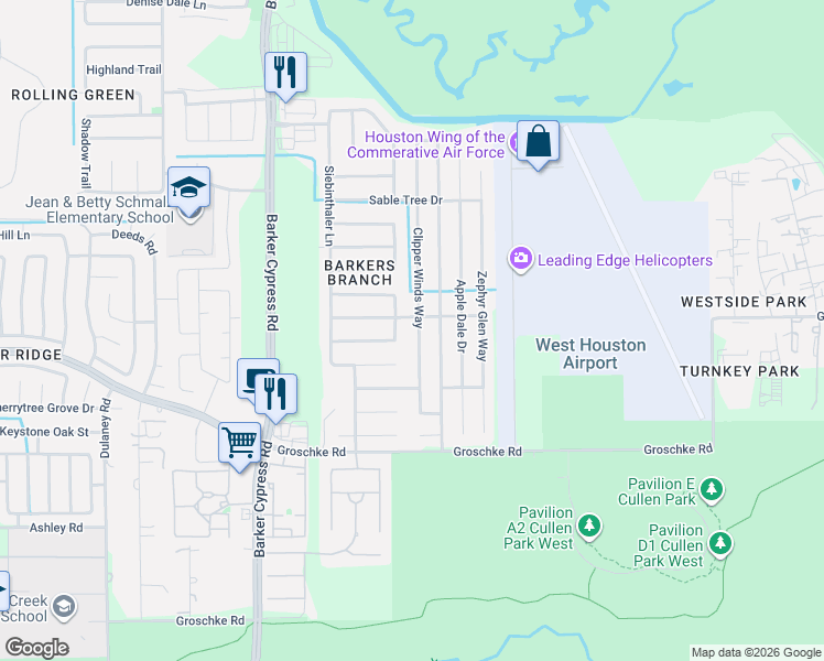 map of restaurants, bars, coffee shops, grocery stores, and more near 3227 Barkers Crossing Avenue in Houston