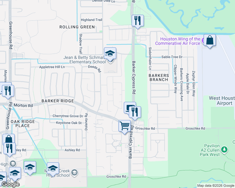 map of restaurants, bars, coffee shops, grocery stores, and more near 18402 Each Elm Way in Houston