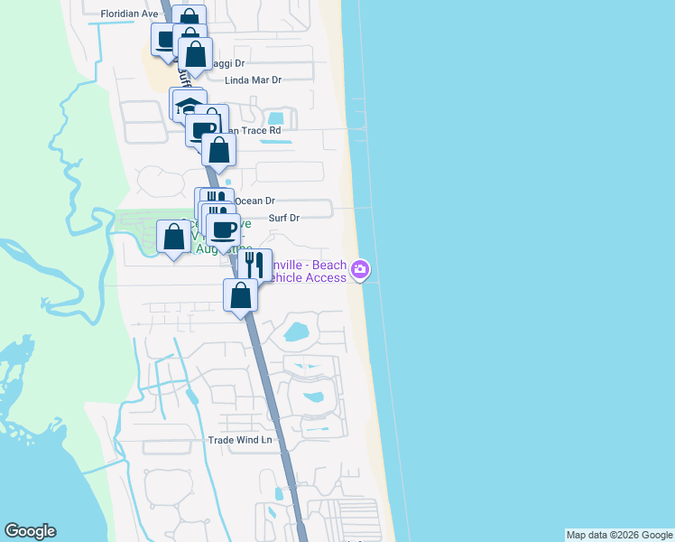 map of restaurants, bars, coffee shops, grocery stores, and more near in Butler Beach
