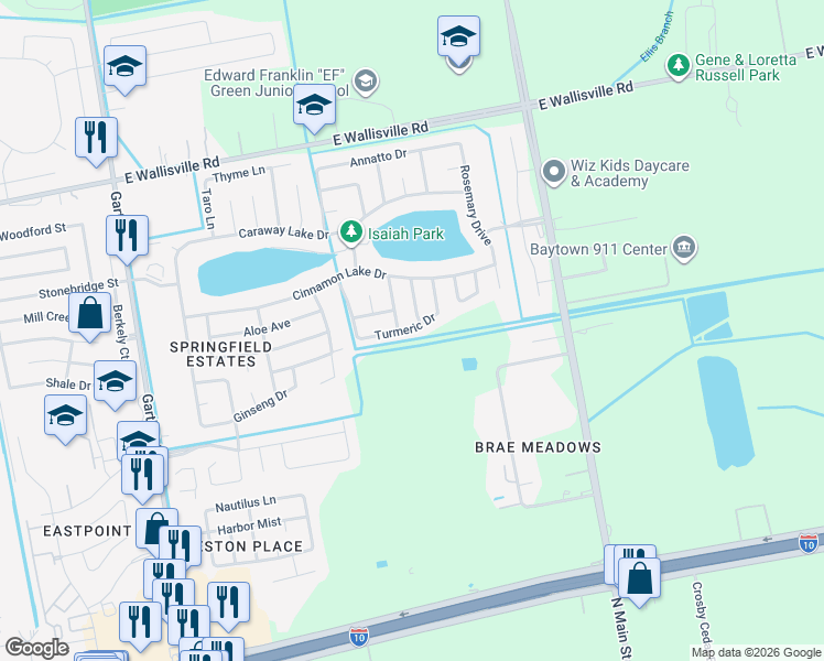 map of restaurants, bars, coffee shops, grocery stores, and more near 5722 Turmeric Drive in Baytown